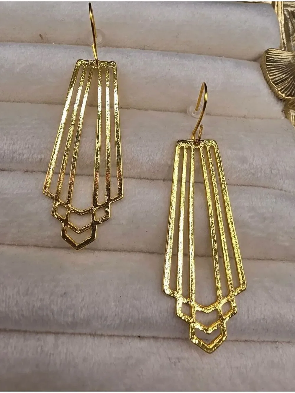 Elegant Gold Tone Art Deco Geometric Drop Earrings